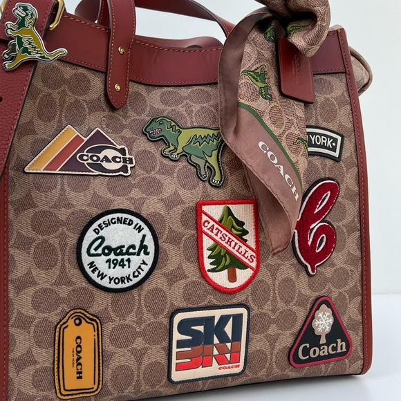 COACH Field Tote In Signature Jacquard Canvas With Patches & Rexy Scarf - Picture 3 of 12